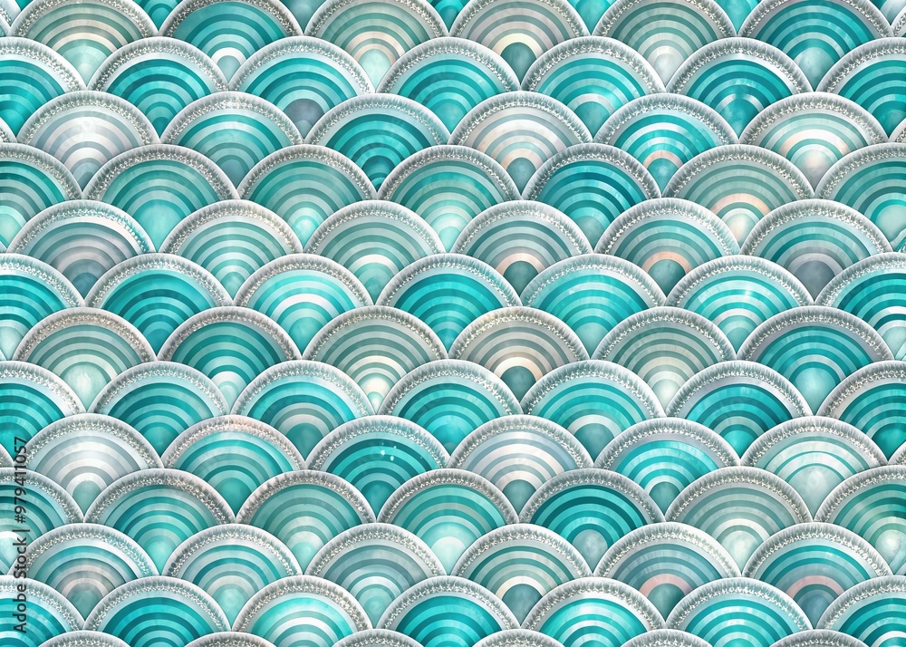 Vibrant Japanese-inspired seamless pattern featuring undulating waves and shimmering mermaid scales in shades of turquoise, silver, and pearlescent white, perfect for design and decor. Vibrant Japanese-inspired seamless pattern featuring undulating waves and shimmering mermaid scales in shades of turquoise, silver, and pearlescent white, perfect for design and decor.