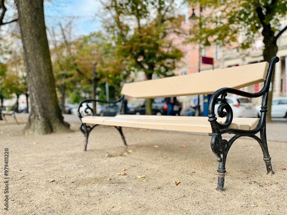 beige bench against the background of a tree and blue sky, streets with houses and cars, early autumn. view from below beige bench against the background of a tree and blue sky, streets with houses and cars, early autumn. view from below