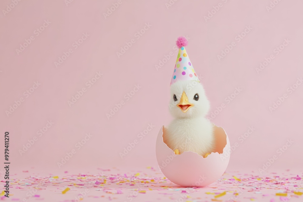 Cute yellow chick wearing a party hat, emerging from an eggshell amidst confetti, symbolizing new beginnings and celebration. Cute yellow chick wearing a party hat, emerging from an eggshell amidst confetti, symbolizing new beginnings and celebration.