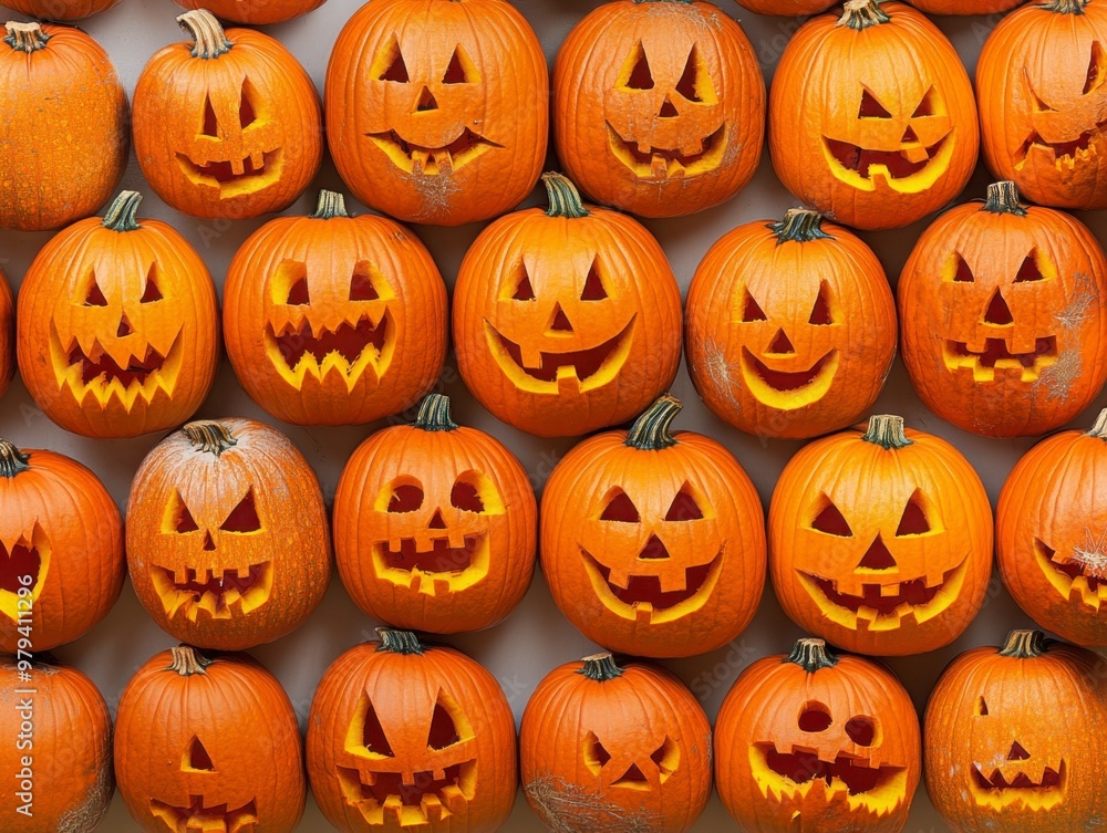 Array of Carved Halloween Pumpkins Array of Carved Halloween Pumpkins