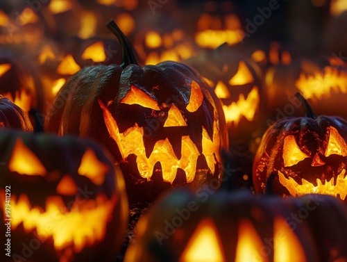 Glowing Halloween Jack-O'-Lantern Display at Night