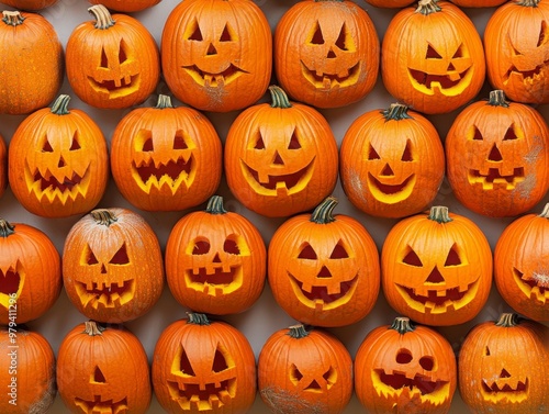 Array of Carved Halloween Pumpkins