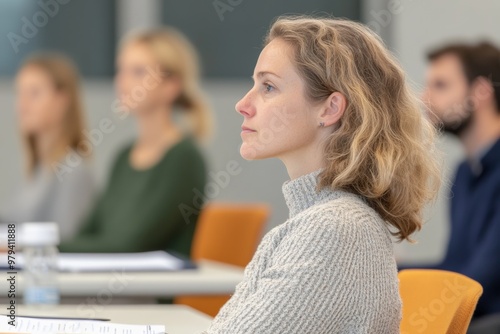 A mature woman with glasses, attentively participating in a learning environment, with several individuals in a classroom setting.