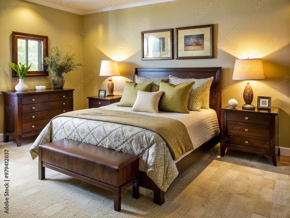 Cozy bedroom interior features a plush bed adorned with pillows and a duvet, set against a soothing backdrop of cream-colored walls and dark wood furniture. Cozy bedroom interior features a plush bed adorned with pillows and a duvet, set against a soothing backdrop of cream-colored walls and dark wood furniture.