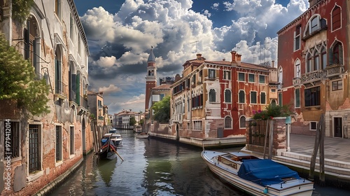 Serene canal scene in Venice with boats, historic buildings, and dramatic clouds.