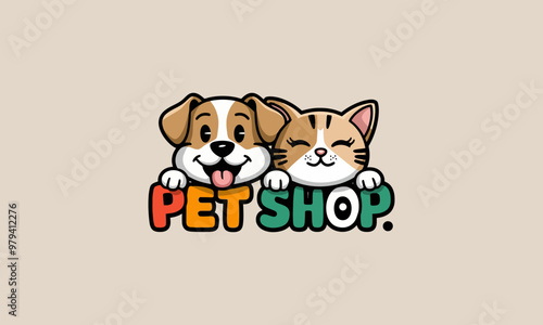 Pet shop logo with cute dog and cat illustration