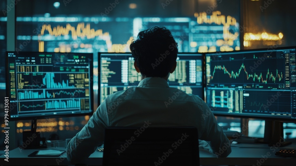 Financial trader at modern desk with multiple monitors displaying prices and stock market data Financial trader at modern desk with multiple monitors displaying prices and stock market data
