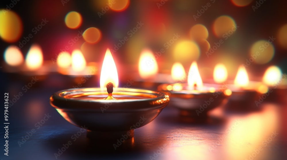 Burning diya lamps for Diwali festival with bokeh lights in the background. Indian festival of lights concept. Burning diya lamps for Diwali festival with bokeh lights in the background. Indian festival of lights concept.