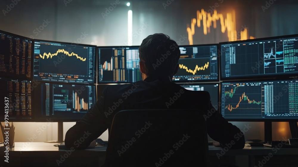 Financial trader at modern desk with multiple monitors displaying prices and stock market data Financial trader at modern desk with multiple monitors displaying prices and stock market data