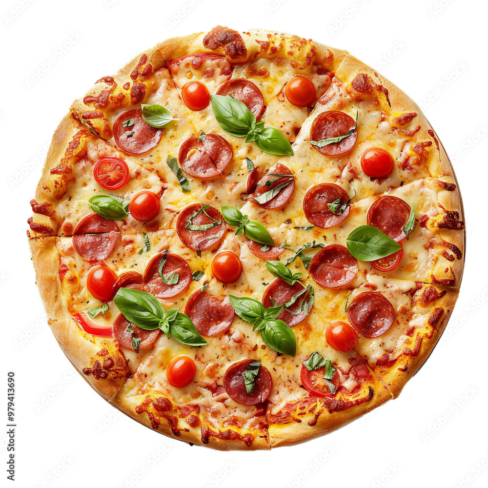 Delicious hot pepperoni pizza with melted mozzarella cheese and basil leaves isolated on white background Delicious hot pepperoni pizza with melted mozzarella cheese and basil leaves isolated on white background