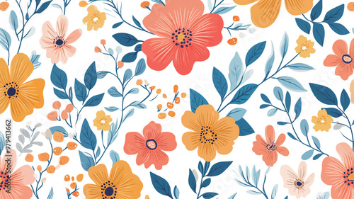 Wallpaper Mural Seamless pattern with colorful flowers and leaves. Vector illustration. Torontodigital.ca