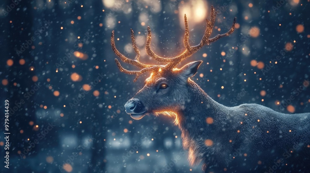 A majestic deer stands gracefully amidst falling snow, radiating a serene glow in a tranquil winter landscape. A majestic deer stands gracefully amidst falling snow, radiating a serene glow in a tranquil winter landscape.