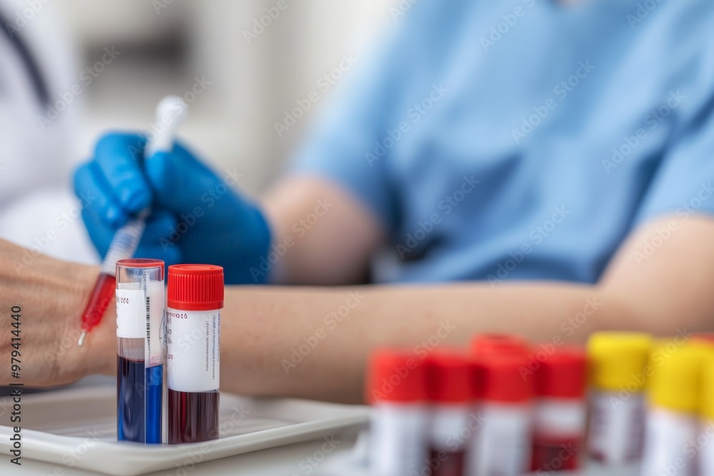 Medical professional handling blood samples in test tubes, wearing gloves and scrubs, focusing on healthcare and laboratory analysis. Medical professional handling blood samples in test tubes, wearing gloves and scrubs, focusing on healthcare and laboratory analysis.