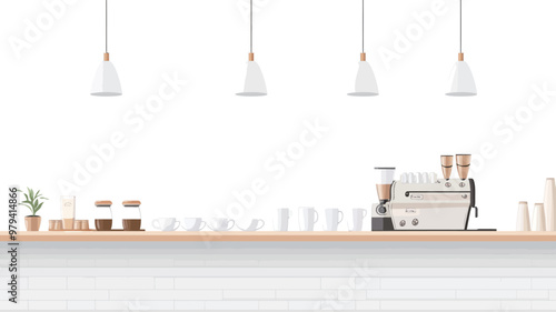 Coffee machine and coffee cups on a bar counter. Vector illustration.
