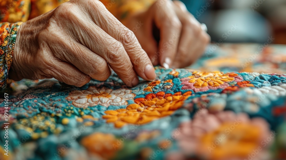 Close-Up of Elderly Hands Embroidering Close-Up of Elderly Hands Embroidering