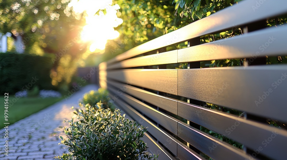 Close-up of a modern metal fence with sun shining through trees Close-up of a modern metal fence with sun shining through trees