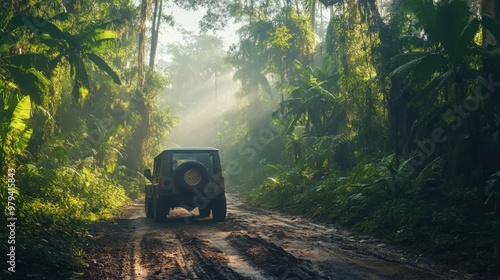 Fototapeta Naklejka Na Ścianę i Meble -  Road through a dense jungle with towering trees and exotic wildlife as a jeep rumbles through the lush greenery under a misty sky
