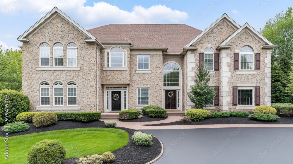 This beautiful colonial home showcases classic New England architecture with stone walls, large windows, a cobblestone driveway, and lush greenery on a sunny day This beautiful colonial home showcases classic New England architecture with stone walls, large windows, a cobblestone driveway, and lush greenery on a sunny day