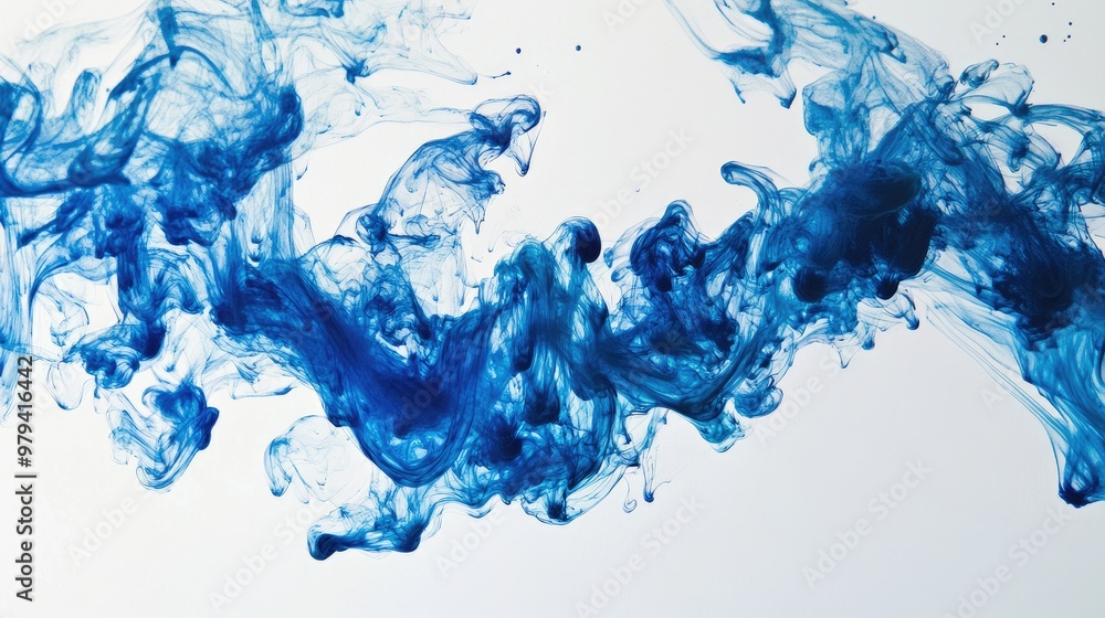Blue ink dropping into clear water, creating swirling patterns and abstract shapes Blue ink dropping into clear water, creating swirling patterns and abstract shapes
