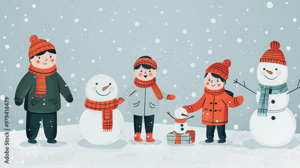 Joyful winter wonderland, children in colorful scarves joyfully building snowmen, gentle snowflakes falling, vibrant colors create a cheerful atmosphere, ample space for text. Joyful winter wonderland, children in colorful scarves joyfully building snowmen, gentle snowflakes falling, vibrant colors create a cheerful atmosphere, ample space for text.