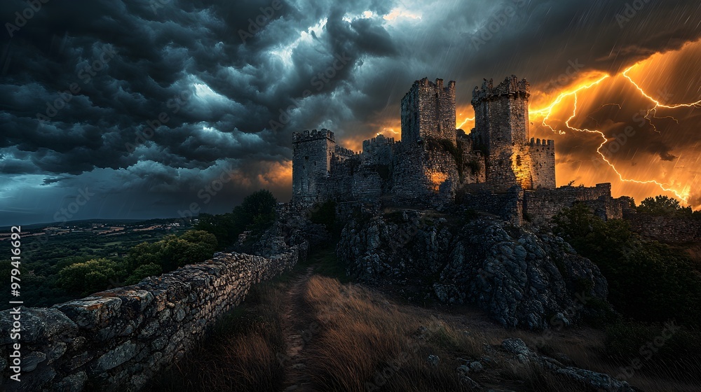 Fototapeta premium A medieval stronghold on a hill, surrounded by swirling storm clouds, rain-soaked stone walls, and a dramatic sky lit by flashes of lightning