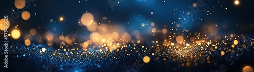 abstract background with Dark blue and gold particle Christmas Golden light shine particles bokeh on navy blue background Gold foil texture Holiday concept photo