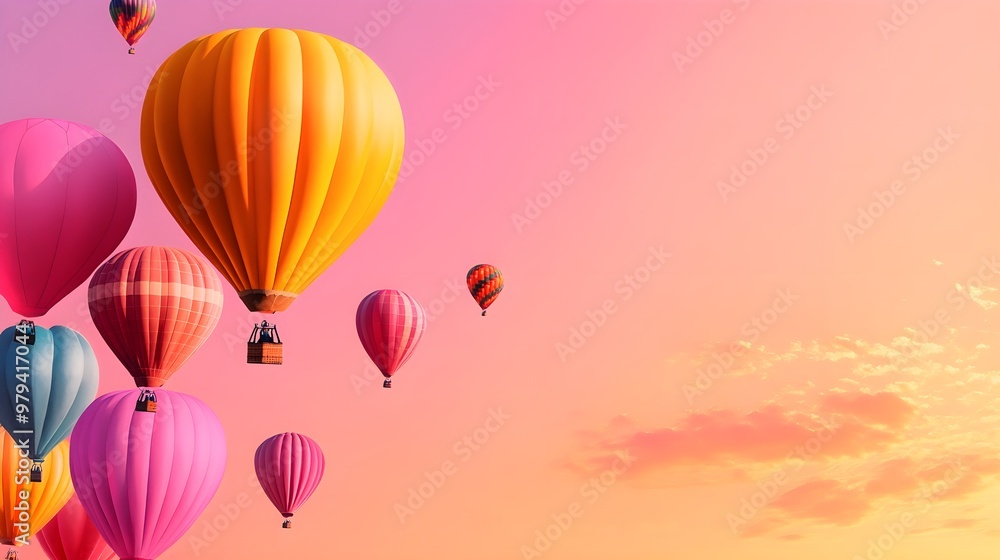 A majestic scene of hot air balloons floating towards the rising sun, vibrant colors contrasting with the soft pink and orange sky, Illustration, Pastel, delicate lines, whimsical style A majestic scene of hot air balloons floating towards the rising sun, vibrant colors contrasting with the soft pink and orange sky, Illustration, Pastel, delicate lines, whimsical style