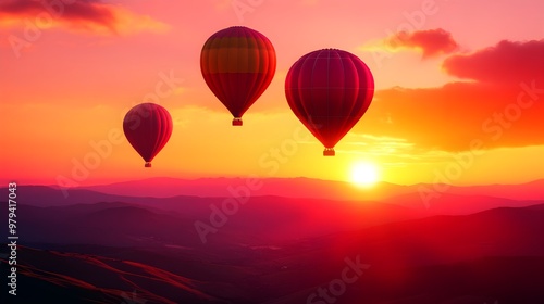 A majestic scene of hot air balloons floating towards the rising sun, vibrant colors contrasting with the soft pink and orange sky, Illustration, Pastel, delicate lines, whimsical style