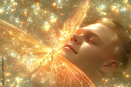 Close up of a woman resting with glowing golden wings of light symbolizing peace transcendence and the radiant energy of spiritual transformation and renewal