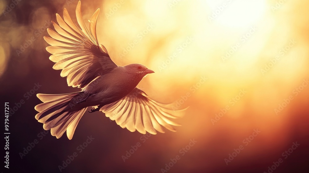 Fototapeta premium Close-up of a bird in flight, with detailed feathers and motion blur against a sunset backdrop