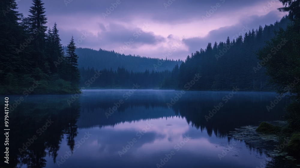 Fototapeta premium Serene lake surrounded by dense forest, reflections distorted by gentle rain, twilight sky turning deep purple, creating a moody and tranquil landscape