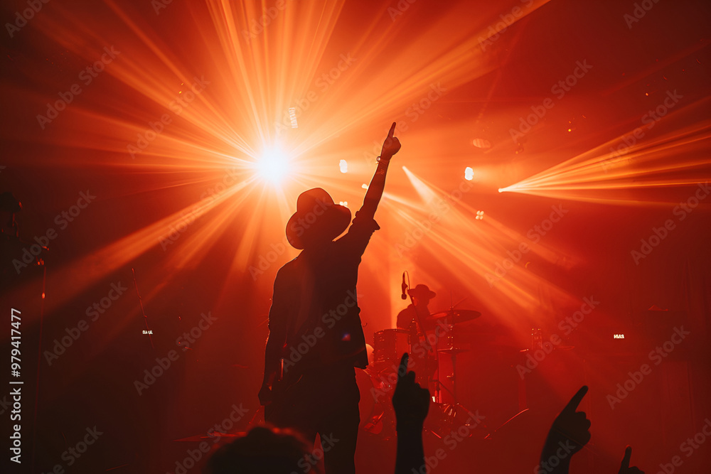 Fototapeta premium Silhouette of a performer on stage under intense red lighting with dramatic pointing gesture