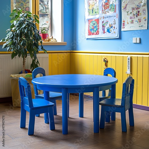 A small round blue table surrounded by four chairs at childrenas play area photo