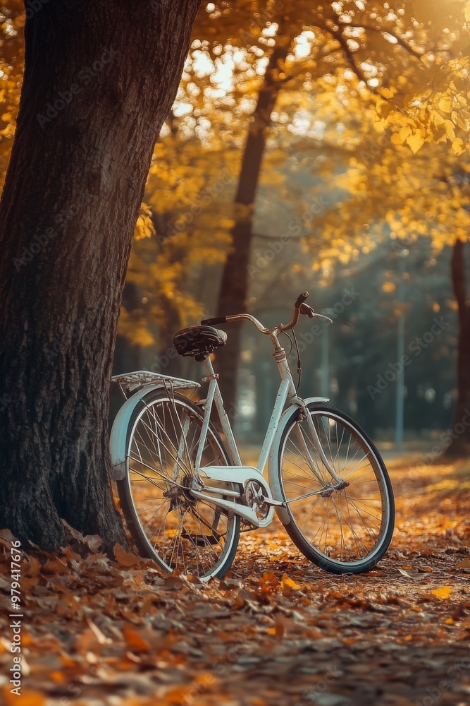 Fototapeta premium Vintage bicycle leaning against tree in autumn park with golden sunlight and fallen leaves