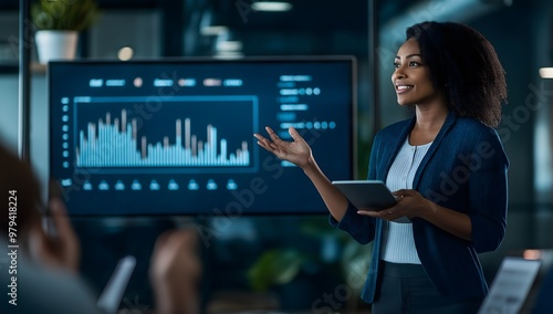 A creative Black woman, director of operations, uses charts and ad revenue in a sales meeting, spending hours in the office.