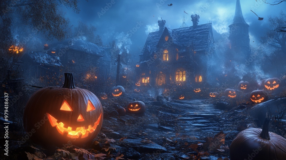 haunted evil glowing eyes of Jack O' Lanterns on the left of a wooden bench on a scary halloween night. haunted evil glowing eyes of Jack O' Lanterns on the left of a wooden bench on a scary halloween night.
