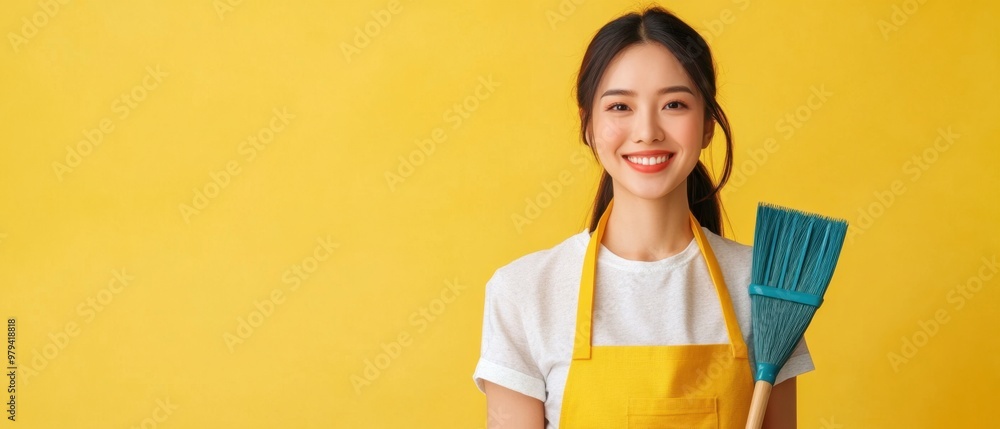 Asian woman in apron, holding broom and dustpan, vibrant solid yellow background, energetic and ready for work, professional cleaning service look Asian woman in apron, holding broom and dustpan, vibrant solid yellow background, energetic and ready for work, professional cleaning service look