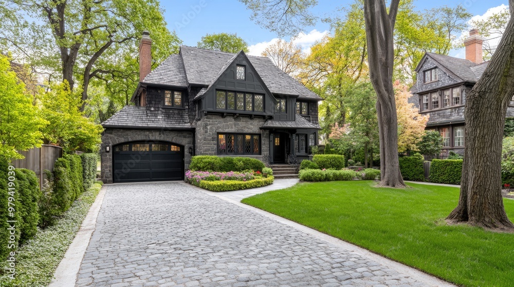 This beautiful colonial home showcases classic New England architecture with stone walls, large windows, a cobblestone driveway, and lush greenery on a sunny day This beautiful colonial home showcases classic New England architecture with stone walls, large windows, a cobblestone driveway, and lush greenery on a sunny day