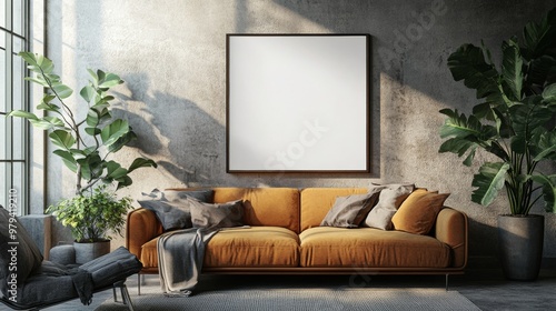 Mockup for a retro poster in a modern living room interior and a blank white paper picture is hung on the wall 