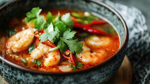 Close-up of a bowl of Tom Yum Goong with a rich, aromatic broth, garnished with fresh herbs and red chili peppers