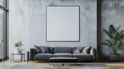 Mockup for a retro poster in a modern living room interior and a blank white paper picture is hung on the wall 