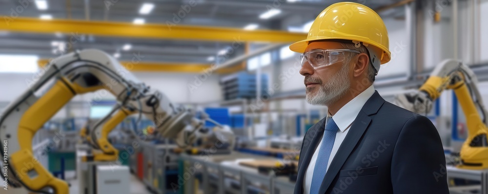 Senior engineer overseeing assembly line, hard hat and business suit, robotic arms in action, advanced manufacturing, Senior Engineer Leading Senior engineer overseeing assembly line, hard hat and business suit, robotic arms in action, advanced manufacturing, Senior Engineer Leading