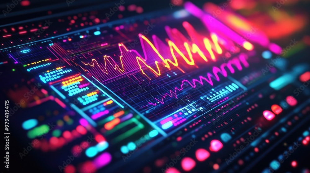 Close-up of a digital oscilloscope screen displaying vibrant electrical waveforms and signal patterns Close-up of a digital oscilloscope screen displaying vibrant electrical waveforms and signal patterns
