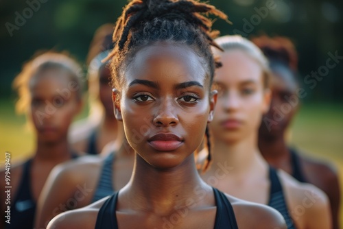 A diverse group of female athletes stands together on a sports field, showcasing unity and determination during training