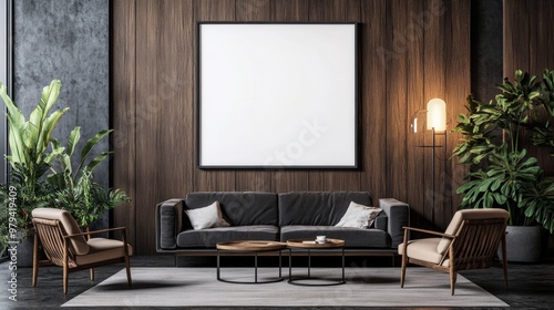 Mockup for a retro poster in a modern living room interior and a blank white paper picture is hung on the wall 
