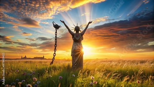 Unshackled figure stands tall in a sun-kissed meadow, liberated from rusty chains, symbolizing empowerment, liberty, and triumph over oppression in a serene natural setting. photo