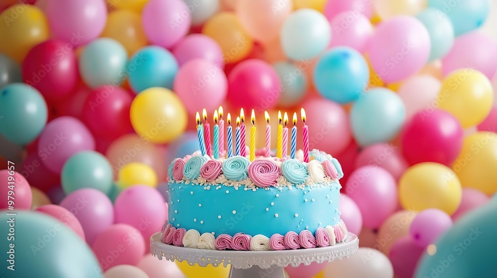 birthday party balloons, colourful balloons background and birthday cake with candles birthday party balloons, colourful balloons background and birthday cake with candles