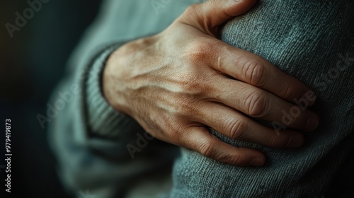 Close-up of hands clutching an injured shoulder after a severe impact, visible pain and trauma, 16:9 widescreen, [accident], [trauma impact].