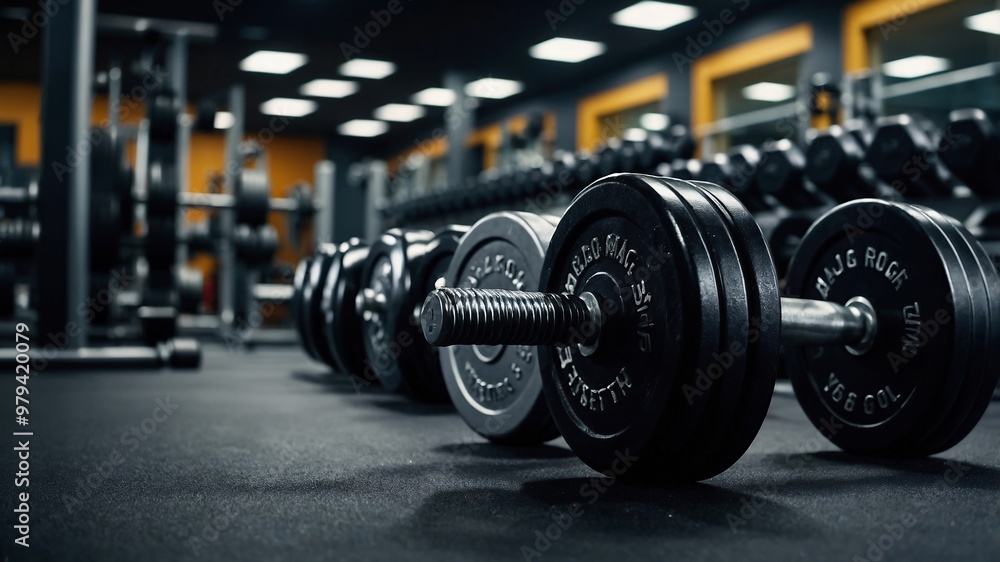 Naklejka premium a close-up of a pair of black dumbbells with metallic handles placed on a dark surface. The background is slightly blurred, showcasing various gym equipment