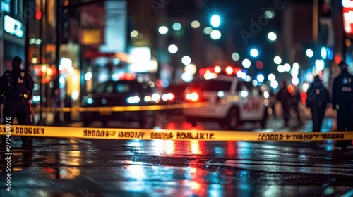 Night scene with police activity and caution tape in an urban setting.